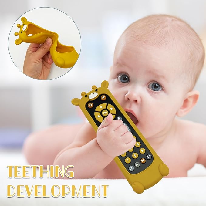 Soft Silicone Musical Teething Toys for Toddlers, Babies, Boys, Girls, 6-12 Months Baby Remote Control Shape Molar Teether Chew Toys Set Gift (Giraffe)
