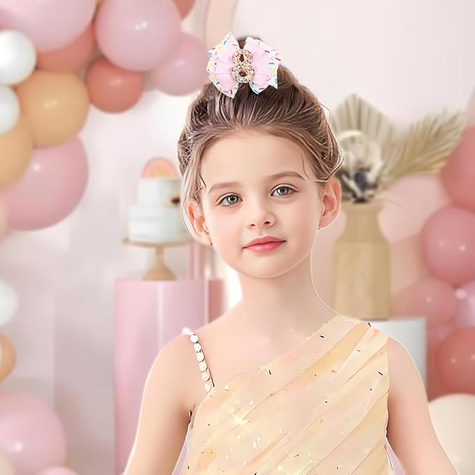 Birthday Hair Bow for Baby Girls - 2Pcs Pink Sprinkle Hair Clips for 8th Birthday Glitter Ice Cream Baby Bow Party Decorations for Girls Toddlers Hair Accessories (Pink-8 Years-Clips)