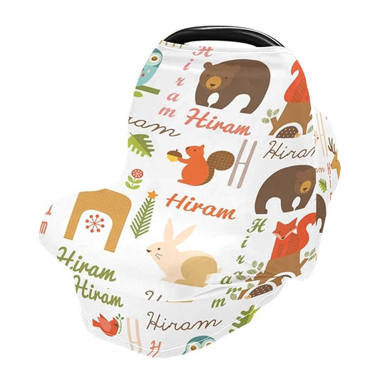 Personalized Name Car Seat Covers for Baby Girl Boy, Customized Infant Summer Carseat Cover, Breathable Stroller Canopy, Newborn Sun Shade Cover, Nursing Cover Breastfeeding Scarf, Cute Animal