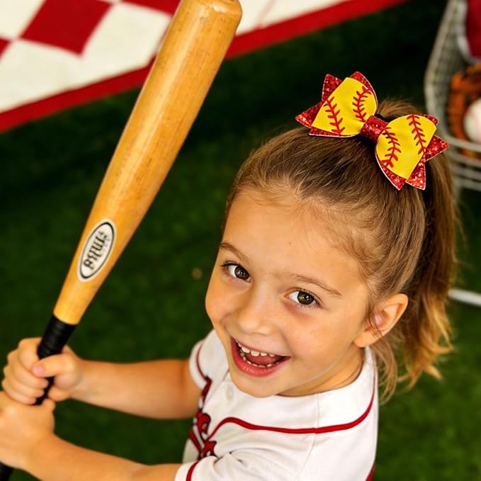 4PCS Baby Girl Hair Bow Clips Baseball and Softball Glitter Hair Bow Clips for Girls, Faux Leather Double Layer Sequin, Cheerleading Hair Accessories for Little GirlsToddler Kids Teens