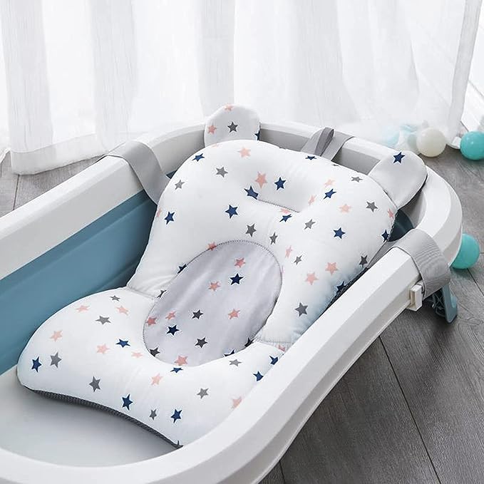 Star Pattern Newborn Baby Bath Mat Floating Foam Baby Tub Pillow Adjustable Non-Slip Bath Seat Pad Bath Cushion for Bathtub for 0-18 Months