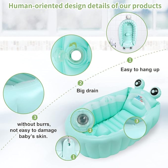 Inflatable Baby Bathtub,Newborn to Toddler Bath Tub with Built-in Air Pump,Portable Travel Shower Basin with Back Support,Foldable Toddler Tub Shower for Kids 0-6 Months(Frog)