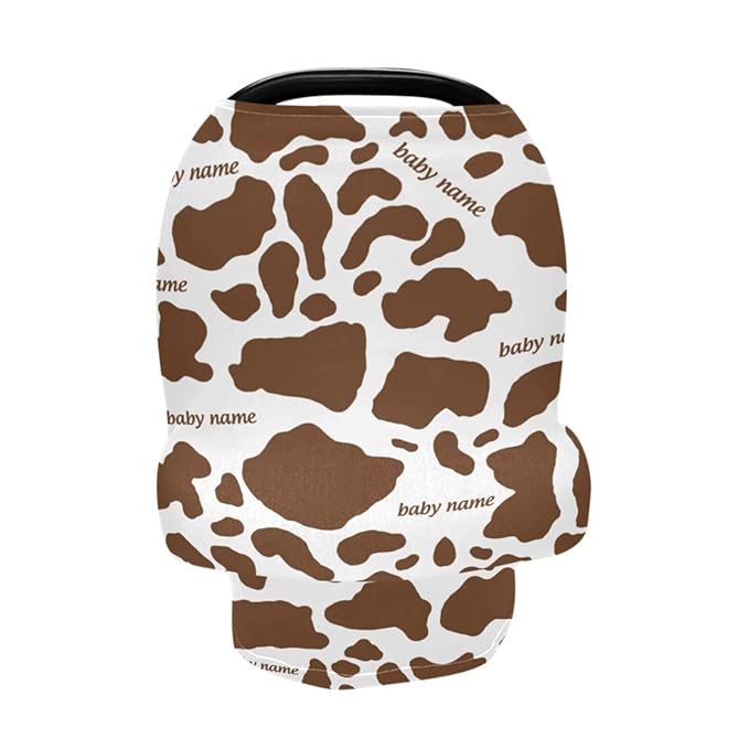 Personalized Baby Car Seat Cover for Babies, Custom Name Baby Car Seats Canopy for Boys Girls, Nursing Breastfeeding Stroller Covers for Infant Newborn, Shower Gift (Cow Print Brown)