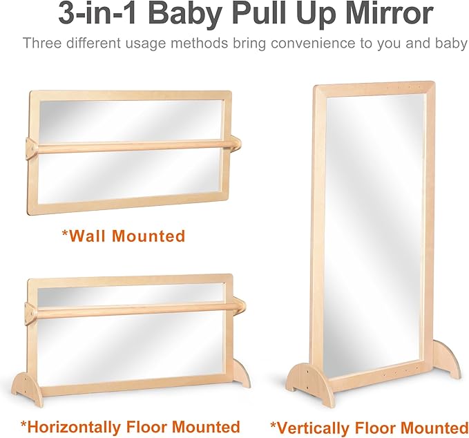 3-Position Montessori Shatterproof Safety Baby Mirror w/Pull Up Handrail, Infant Coordination Mirror Set, Kid's Classroom Furniture for Nursery, Daycare, Homeschool or Preschool (Natural Pura)