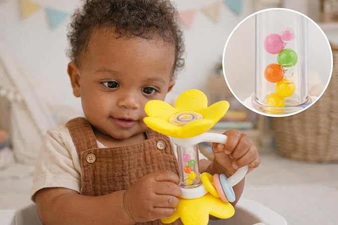 Standing Flower Silicone Baby Rattle Teether – 5 Textured Petals for Gum Relief | Colorful Bead Rattle | Easy-Grip Handle | BPA-Free, Phthalate-Free | Sensory Toy 3-36 Months