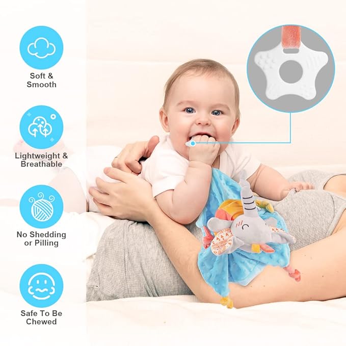 Vicloon Elephant Baby Security Blanket, 3IN1 Plush Baby Security Blanket with Tags&Teether, Babies Security Blanket for Boys&Girls, Security Blanket for Nursery Strollers, Cribs, Car Seats(Blue)