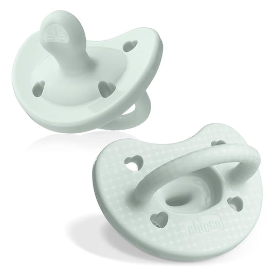 Chicco PhysioForma Luxe Orthodontic Pacifier for Babies 0-6 Months, One-Piece 100% Soft Silicone, Supports Breathing, Textured Shield & Handle, Included Sterilizing Case, BPA Free, 2-Pack, Mint