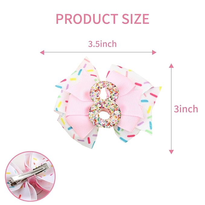 Birthday Hair Bow for Baby Girls - 2Pcs Pink Sprinkle Hair Clips for 8th Birthday Glitter Ice Cream Baby Bow Party Decorations for Girls Toddlers Hair Accessories (Pink-8 Years-Clips)
