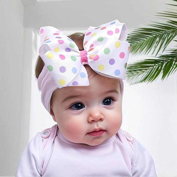 Baby Girl Soft Nylon Bow Elastic Headband Turban Toddler Infant Bow-knot Stretchy Hair Band Birthday Party Hair Bow Ribbon Accessories for Newborn Baby (Bow 1 - Color, Elastic)