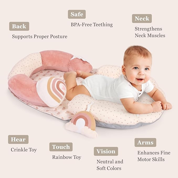 4 in 1 Tummy Time Mat with Educational Cards, Play Mat & Sitting Support for Newborn 0-12 Months, Infant Baby Sit Me Up Floor Seat, Sensory Skills Gifts, Rainbow
