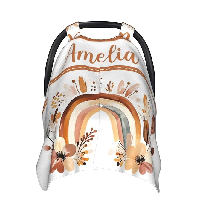 Personalized Boho Rainbow Baby Car Seat Canopy for Girls, Custom Name Baby Carseats Cover, Multi-use Nursing Covers Breastfeeding Scarf for Infant Newborn, Strollers Carseat Canopies