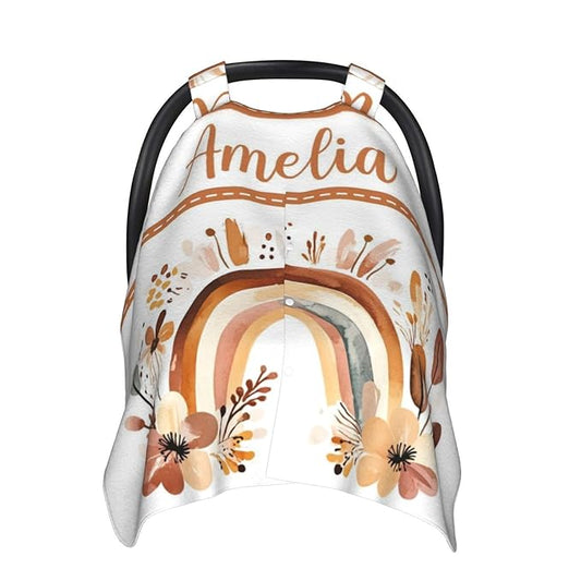 Personalized Boho Rainbow Baby Car Seat Canopy for Girls, Custom Name Baby Carseats Cover, Multi-use Nursing Covers Breastfeeding Scarf for Infant Newborn, Strollers Carseat Canopies