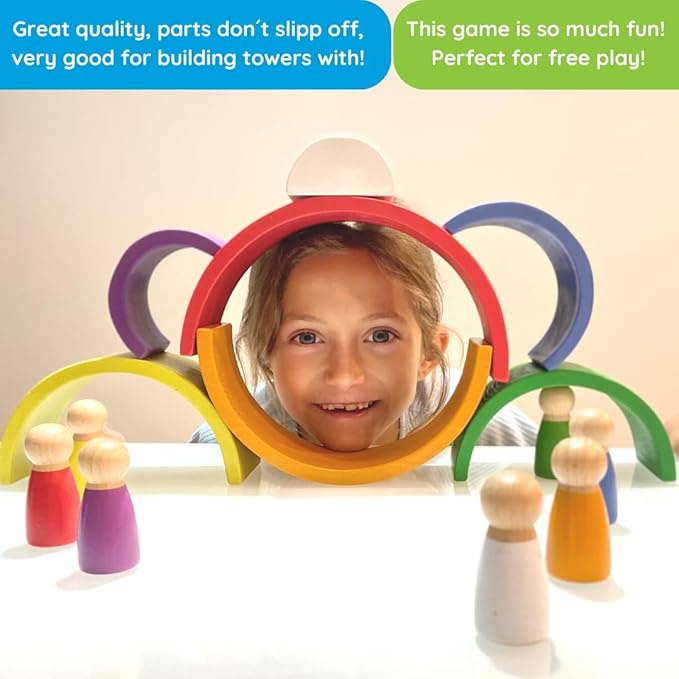 Montessori Wooden Rainbow Nesting Toy: Open-Ended Wooden Stacking Set with Arches, Peg Dolls & Story Book for Emotional Intelligence & Creative Play | Ages 3+ | 16 pcs | Premium Beechwood