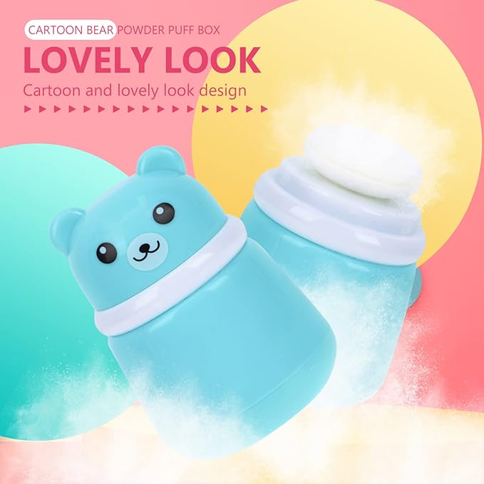 SOLUSTRE Puff Box Cartoon Baby Talcum Box Lovely Bear Shape Empty Box Baby Body Puff Sponge Box Case Container, Blue