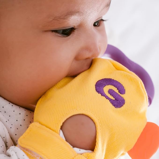 Gummee Teething Glove - Teething Mitten for Babies with Detachable Teething Ring & Side Teethers for Babies 3-6 Months (up to 9 Months), 100% Cotton Baby Teething Glove, Yellow Teething Glove