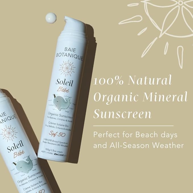 Baie Botanique Soleil Bébé - Organic Non-Toxic Mineral Baby Sunscreen SPF 50 - Sunflower & Jojoba - Unscented - Natural - Vegan - No White Cast - Reef Safe - UVA/UVB - 100g