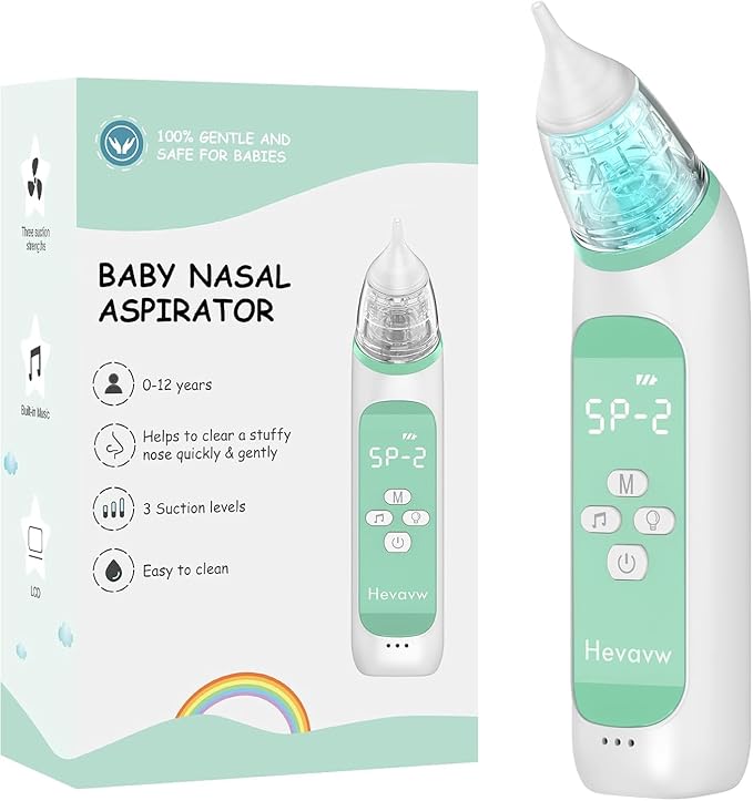Electric Nose Suction for Baby,Baby Nose Aspirator with 3 Suction Levels and 3 Silicone Tips Fit 0-24 Months Infant ,Soothing Music & Light Distracts Help Toddler During Sick Days,Green.
