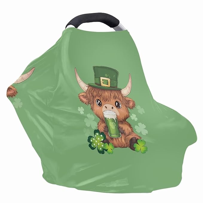 Wanyint Car Seat Cover for Boys Girls, Nursing Carseat Canopy Baby Breastfeeding Cover Multi-Use Nursing Scarf Infant Stroller Cover for Saint Patrick's Day Decor, Highland Cow Clover Green