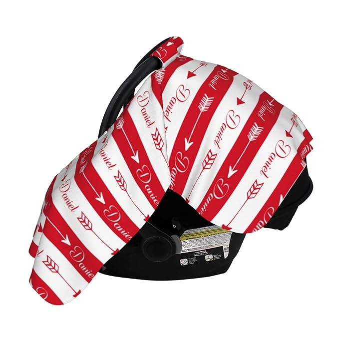 Personalized Baby Name Car Seat Covers with Tribal Arrows, Custom Carseat Canopy, Peekaboo Opening Nursing Wrap Breastfeeding Car Seat Canopies for Baby Boys Girls Newborn (Red Arrow Minky Dot)