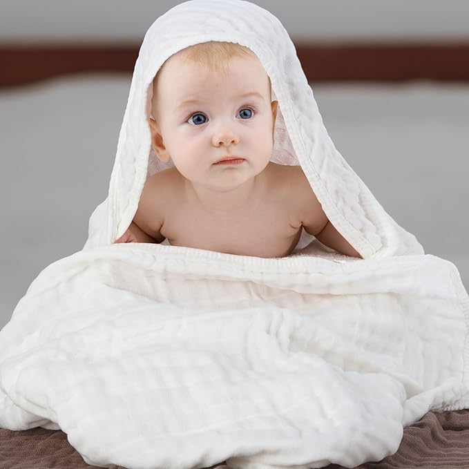 Peryiter 4 Pcs Muslin Hooded Baby Towels 32 x 32 Inch Cotton Newborn Bath Essentials Muslin Infant Blankets Absorbent Registry Gifts for Girl Boy Kids Baby Shower (White,Coffee,Blue)