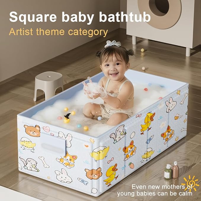 Foldable Baby Bathtub with Cute Animal Print, Portable Infant Bath Tub ，31.5x17.7x9.8 Inch Expanded (Blue)