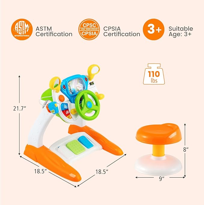 HONEY JOY Steering Wheels Toys for Toddler Boys Girls, Pretend Play Learning Driver Toy Cars for Preschool Baby, Lights & Music, Interphone, Pedal, My First Driving Educational Musical Toy w/Stool