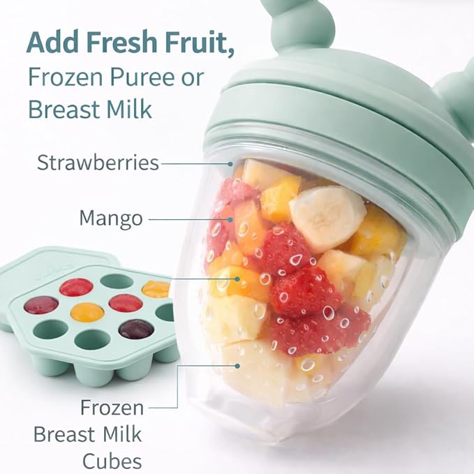 Baby Fruit Feeder Pacifier – Silicone Baby Food Feeder for Teething Relief, Infant Self Feeding Feeder with Freezer Tray & Popsicle Mold, BPA Free Baby Teether for Babies 4-12 Months