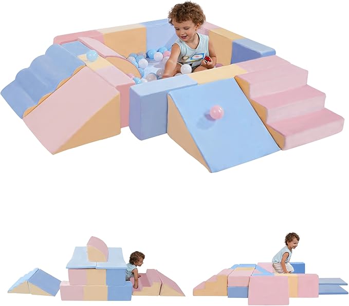 Toddler Climbing Toys Indoor, 11-Piece Soft Foam Play Set for Toddlers Kids 1-3, Baby Climbing Blocks with Slide, Ramp and Steps, Crawl and Climb Activity Gym, Lightweight, Easy to Clean Gift