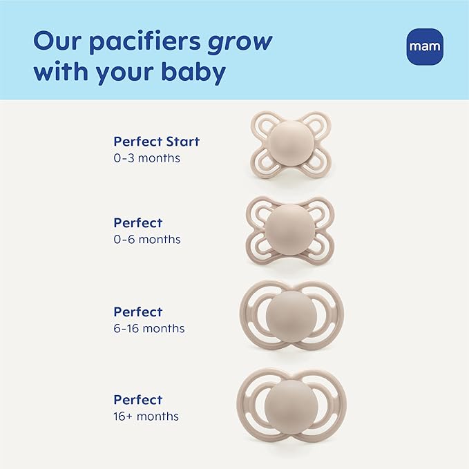 MAM Perfect Baby Pacifier 6-16 Months, Extra Thin Nipple, Developed with Orthodontists, Clinically Proven, Glows in The Dark, BPA-Free Silicone, Pack of 2, Made in Europe