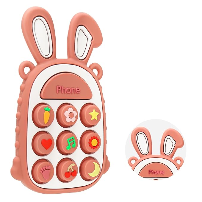 MISSLILI Teething Toys for Babies, BPA-Free Silicone Teether Toy for Infants, Cute Rabbit Phone Design with Easy-Grip Ears, Soothing Gums and Push Pop for Boy and Girl