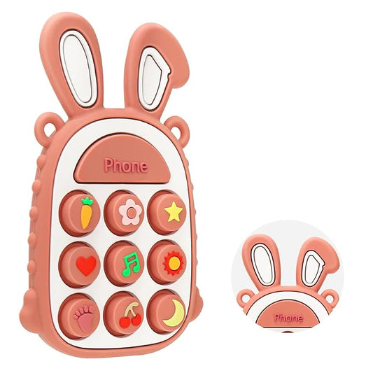 MISSLILI Teething Toys for Babies, BPA-Free Silicone Teether Toy for Infants, Cute Rabbit Phone Design with Easy-Grip Ears, Soothing Gums and Push Pop for Boy and Girl