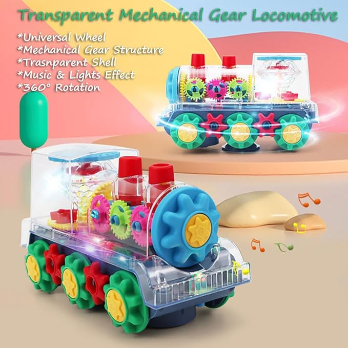 Miracland Transparent Gear Locomotive Toy, Light-up Train Toy Railway Engine Model Toy Toddler Musical Toy 3D Gears Bump & Go Car Toy for Kids with 360° Rotation Function, Lights and Music