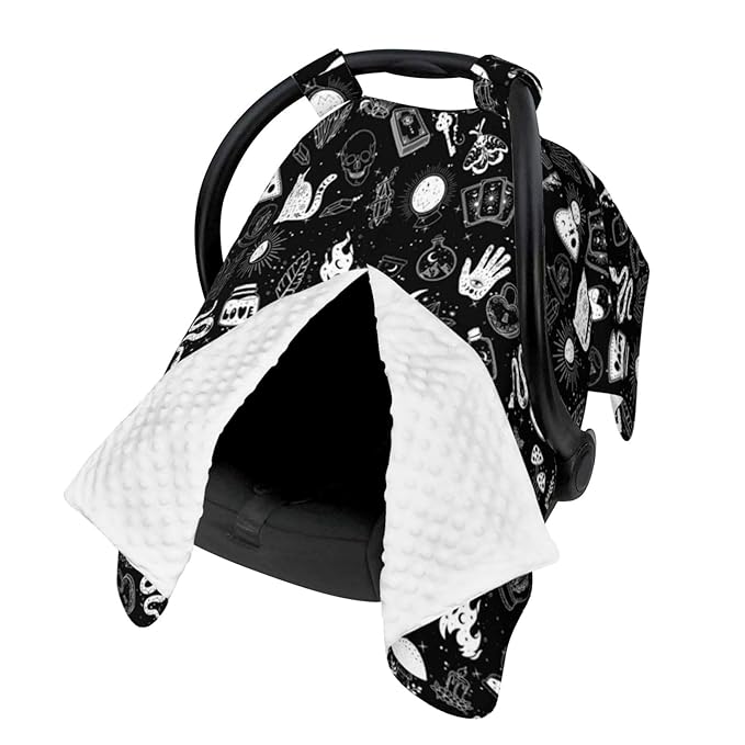 Goth Carseat Covers Baby, Gothic Winter Carseat Cover for Baby, Minky Baby Car Seat Cover for Boy & Girl, Peekaboo Opening Car Seat Canopy for Newborn, Multi Use Mom Nursing Cover, Gothic