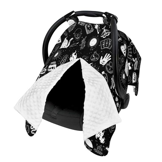 Goth Carseat Covers Baby, Gothic Winter Carseat Cover for Baby, Minky Baby Car Seat Cover for Boy & Girl, Peekaboo Opening Car Seat Canopy for Newborn, Multi Use Mom Nursing Cover, Gothic