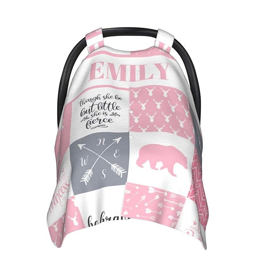Personalized Baby Car Seat Canopy for Babies, Custom Name Car Seat Covers for Girls, Opening Minky Nursing Breastfeeding Cover for Infant, Carseat Canopies for Newborn (Woodland Deer Bear Pink)