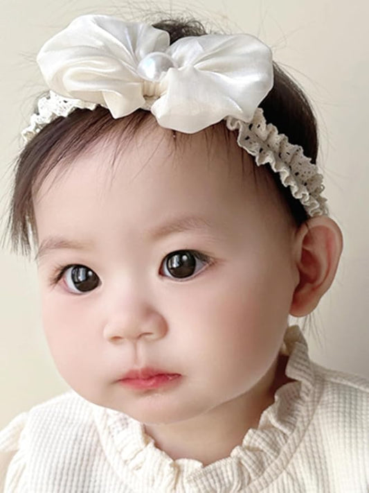 Baby Girls Hairband White Bow Lace Headbands Handmade Soft Stretchy Bowknot Hairbands Newborn Headband with Bows Pearls Elastic Head Band for Newborn Infant(Beige Satin Bow)