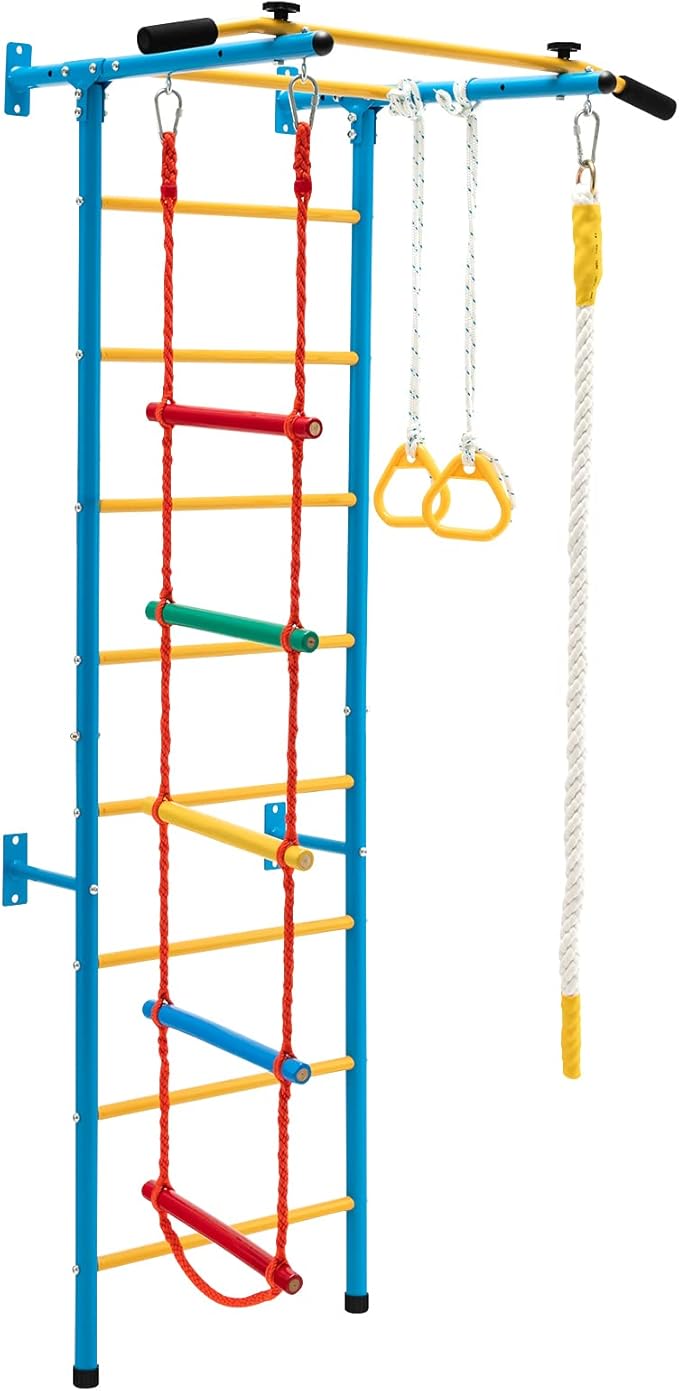 Costzon 5 in 1 Climbing Toys for Toddlers, Indoor Kids Gym for Exercise, Steel Ladder Wall Set with Wall Ladder, Pull-up Bar, Rope, Gymnastic Rings, Solid Wall Set up, Climber Ladder Boys Girls Gift