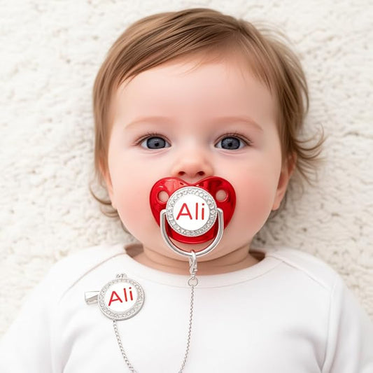 Personalized Name Bling Baby Pacifier with Luxury Gift Box Package, Customized Letters BPA Free Pacifier for Newborn M(6-18m) (Metalic Red)