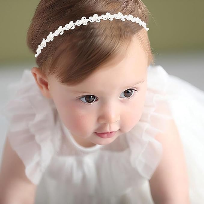 Adjustable Baptism Headband for Girl, White 15.75 inch Lace Baby Headband Baptism Hair Accessories for Girls, White Newborn Bow Flower Christening Hairband with Pearl for Toddlers Baptism