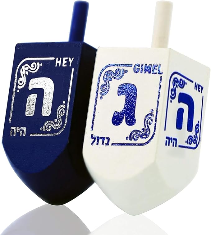 Hanukkah Dreidels - Extra Large Blue and White Wooden Dreidel - 4 Pack