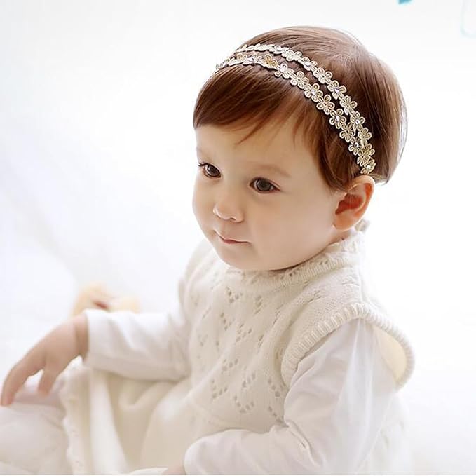 Baby Girls Flower Headbands Cute Kids Christening Headband Soft Lace Hairbands Floral Crown Newborn Infant Toddlers Hair Accessories for Birthday Party Photography(Gold Flower)