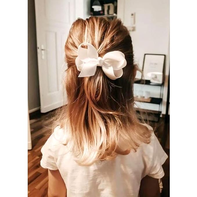 6 PCS 4.5" Grosgrain Ribbon Alligator Clips - Hair Bows for Toddler Girls and Kids (White)