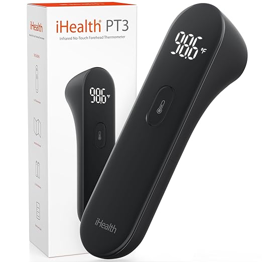iHealth No-Touch Digital Forehead Thermometer for Adults, Babies, Kids, 3 Ultra-Sensitive Sensors, Quiet Vibration Feedback, Large LED Digits, Easy to Use for Home, PT3 Black