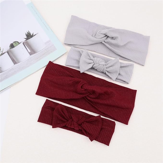 Sugarmelon Mommy and Me Headband Set Mother Baby Matching Turban Headbands for Toddler Baby Girls Women Scrunchies Hair Bow Hairbands (Silver/Wine)