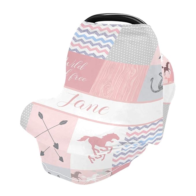 Personalized Baby Car Seat Cover for Baby Girls, Custom Nursing Covers for Breastfeeding with Name, Horse Pink Infant Stroller Cover, Baby Carseat Canopy for Newborn, Multiuse Car Seat Canopies