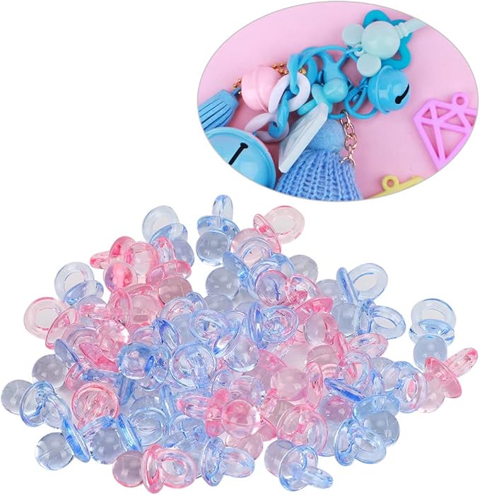 150 Mini Acrylic Pacifiers for Baby Shower Game Assorted Bulk Clothing Accessories and Surrounding Areas Decorate Pacifier Plastic Multi Colored Craft Tiny (Transparent + Blue)