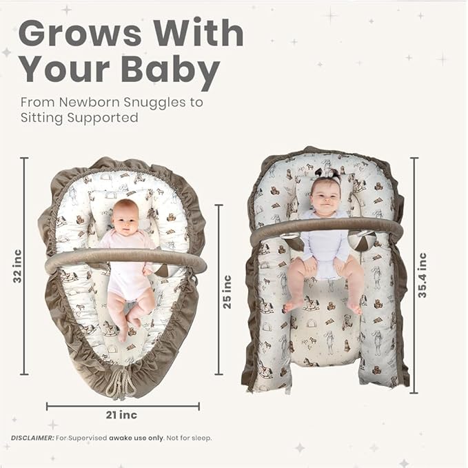 Newborn Lounger Cream - Flexible & Portable w/Infant Support Cushion, Soft & Breathable 100% Cotton - Multi-Use Supervised Baby Lounger for Floor, Travel, Changing Mat Alternative - Premium