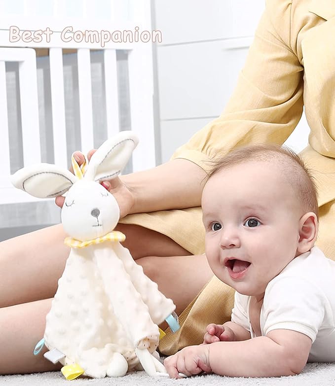 Lovey Bunny Security Blanket for Baby Girls Boys Soft Plush Stuffed Animal Blanket with Crinkle in Ear Infant Tags Security Blanket Taggy Rattle Toys Soothing Sensory Teether Toy Great Shower Gift
