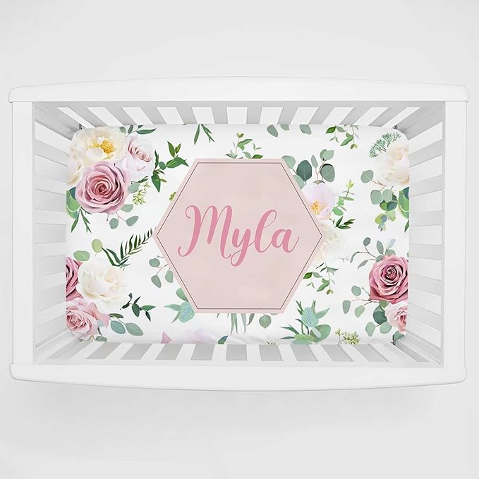 Personalized Mini Crib Sheets with Name, Custom Name Baby Pack and Play Sheets for Girls, Name Pack n Play, Customized Soft Fitted Sheet with Name (Floral), 39x27x5 Inch