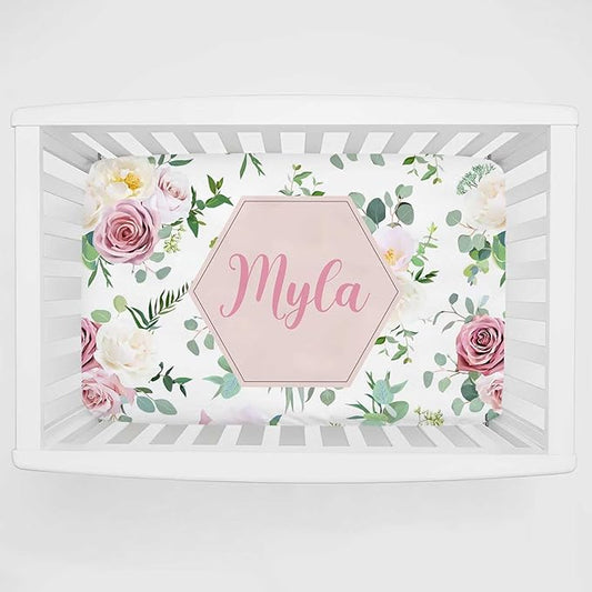 Personalized Mini Crib Sheets with Name, Custom Name Baby Pack and Play Sheets for Girls, Name Pack n Play, Customized Soft Fitted Sheet with Name (Floral), 39x27x5 Inch